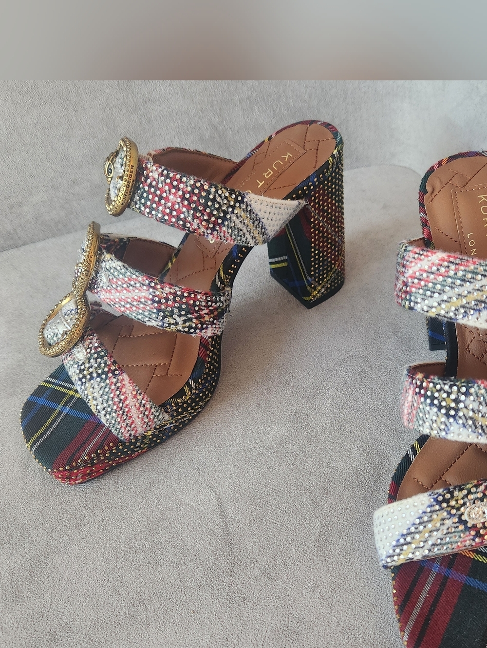 Kurt Geiger Heeled Mules 10 Plaid Mayfair Buckle Chunky Platform Sandal New $245 - Picture 7 of 16